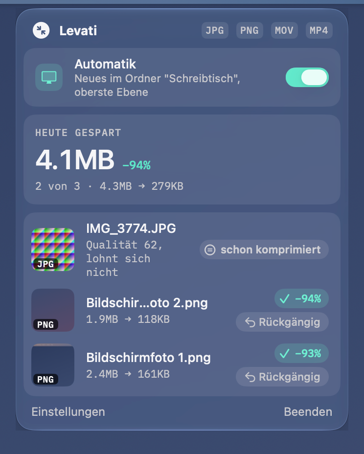 Das Fenster von Levati mit Automatik, heute gespartem Platz und den letzten Ergebnissen